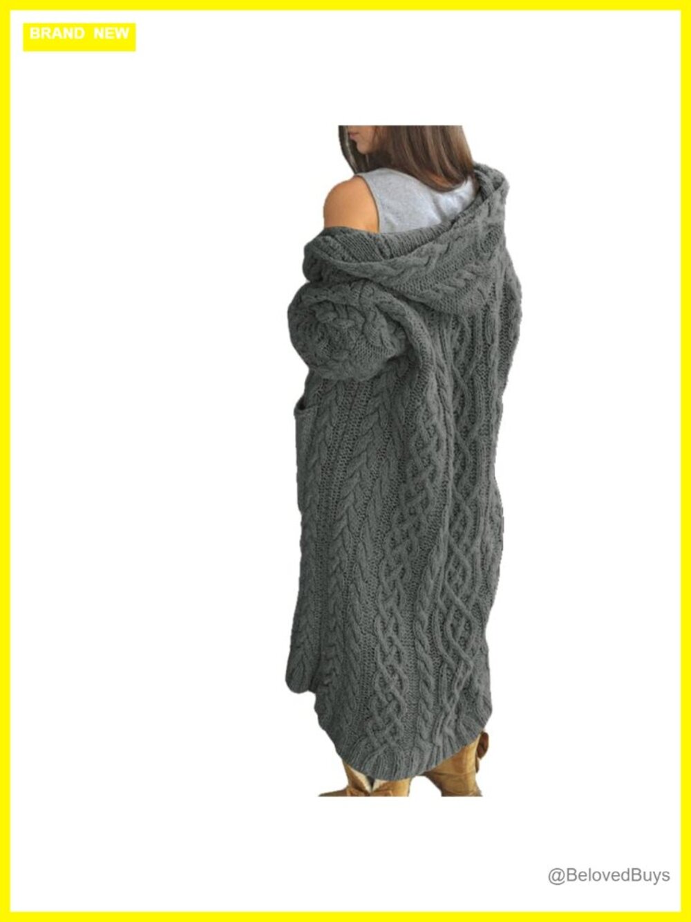 Womens Cable Knit Open Front Long Cardigan Hooded Sweater Coat with Pockets